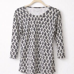 J. McLaughlin Catalina Cloth Black White Diamond Crewneck Top Medium 3/4 Sleeve
